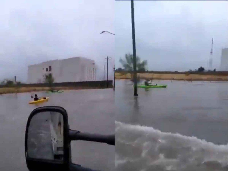 Jóvenes practican canotaje en calles inundadas de Nuevo Laredo