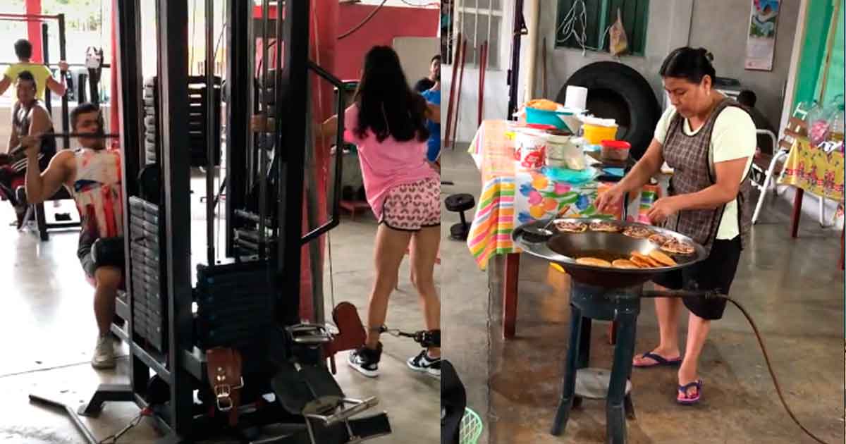 Señora vende gorditas adentro de un gimnasio