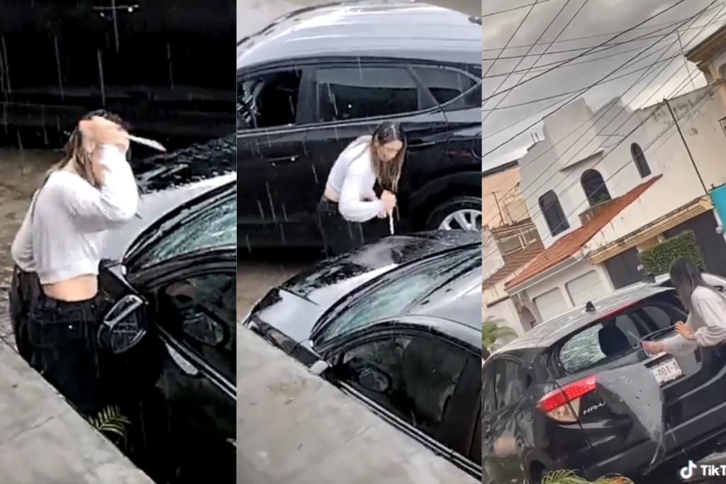 Con picahielos y bajo la lluvia, mujer destroza auto tras descubrir que su pareja le fue infiel #VIDEO