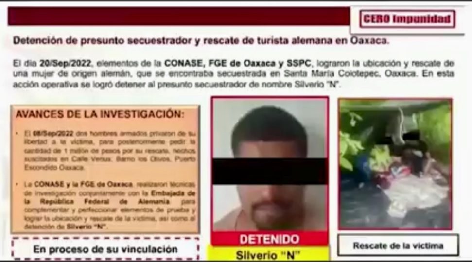 Hombre detenido por el secuestro de una turista alemana en Oaxaca