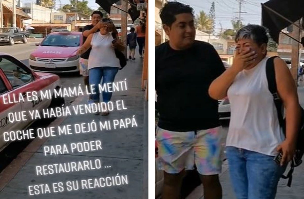 Joven sorprende a su mamá al restaurar el auto que su papá le heredó