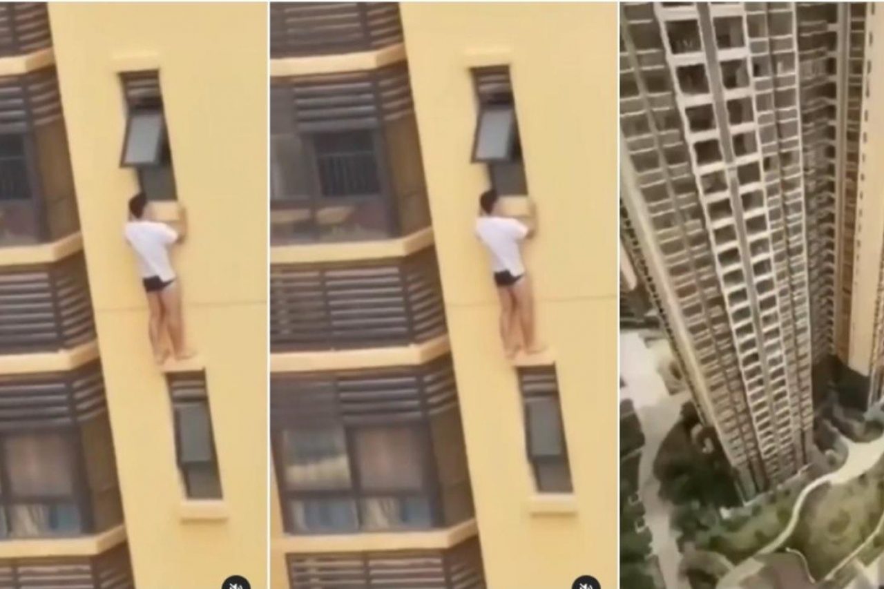 ¡Por la ventana! Amante cuelga de un vigésimo piso para que no lo atrape el esposo