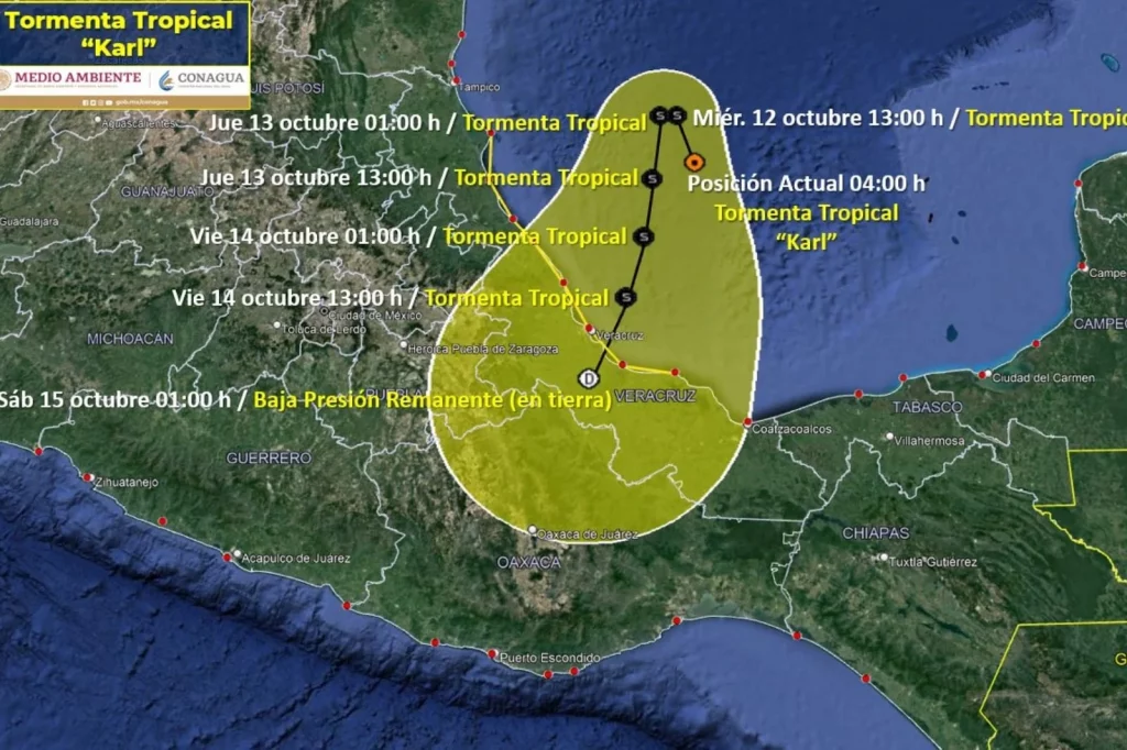 Tormenta tropical 'Karl' provocará lluvias en noreste, centro, oriente, sur y sureste de México