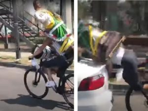“Reviven” choque de ciclista que llevaba cargando a San Judas Tadeo #VIDEO