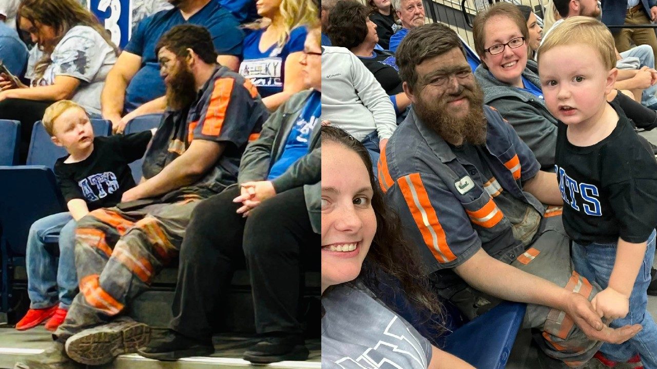 Minero lleno de carbón lleva a su hijo al baloncesto