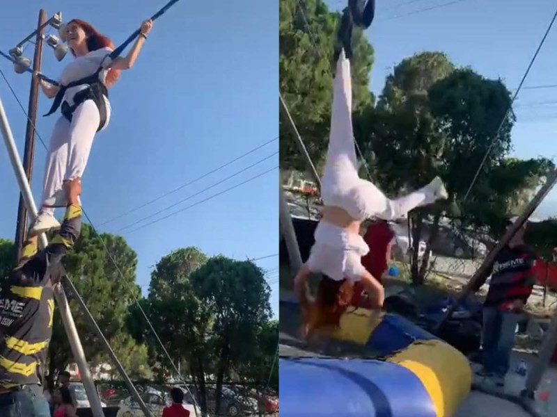 Joven se salva de accidente tras salir disparada en bungee trampolín #VIDEO