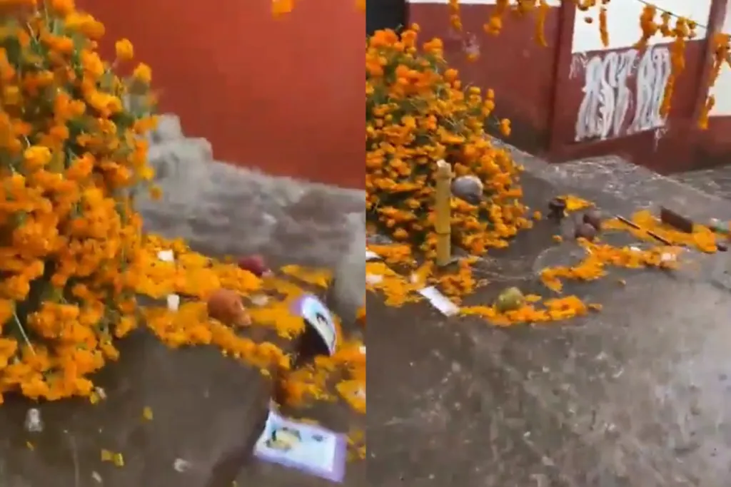 Adiós: Lluvia destroza el altar de Día de Muertos más grande de Michoacán #VIDEOS