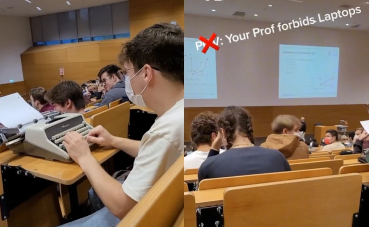 Maestro prohíbe laptops en clase y joven lleva máquina de escribir #VIDEO