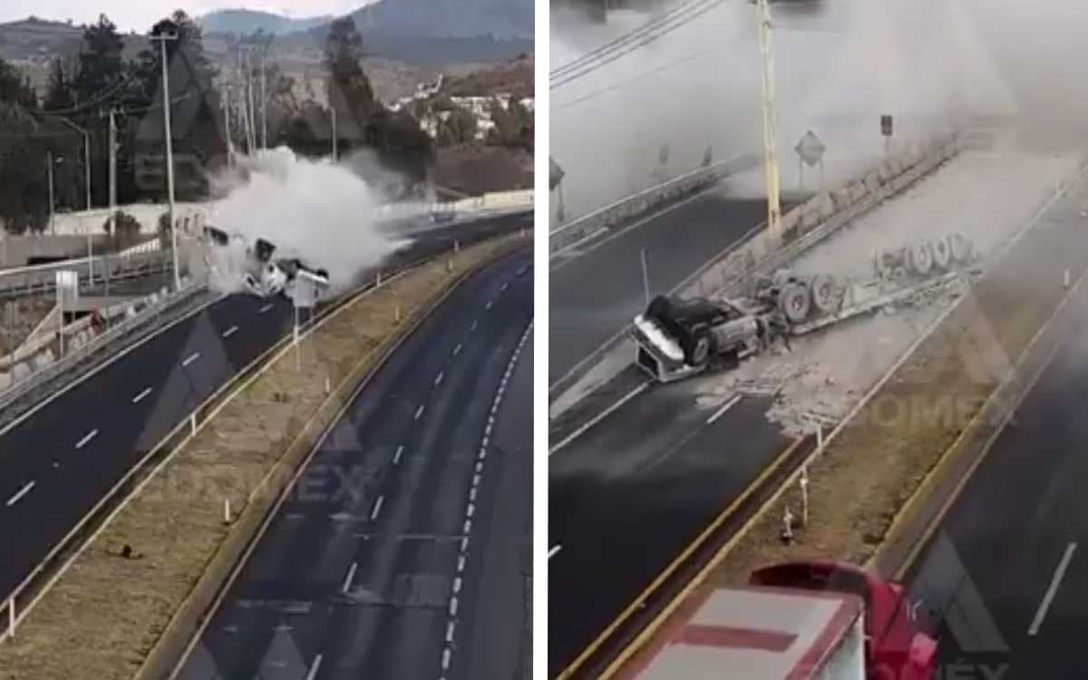 Captan impresionante volcadura de tráiler cargado de cemento en la México-Veracruz #VIDEO