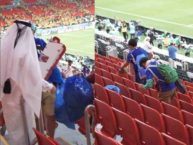 Afición japonesa limpia el estadio tras inauguración del Mundial