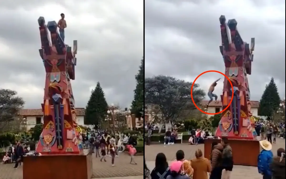 Sujeto trepa escultura en Zacatlán, Puebla, pero cae de dos metros de altura al bajar #VIDEO