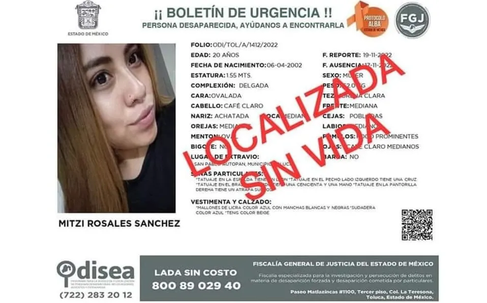 Localizan sin vida a Mitzi, joven de 20 años desaparecida en Toluca
