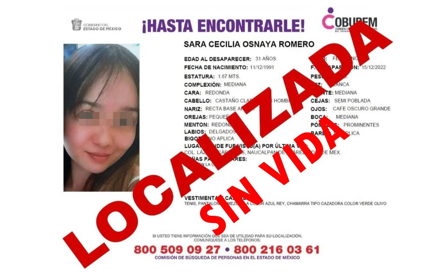 Tras 5 días, localizan sin vida a Sara Cecilia, desaparecida en Naucalpan
