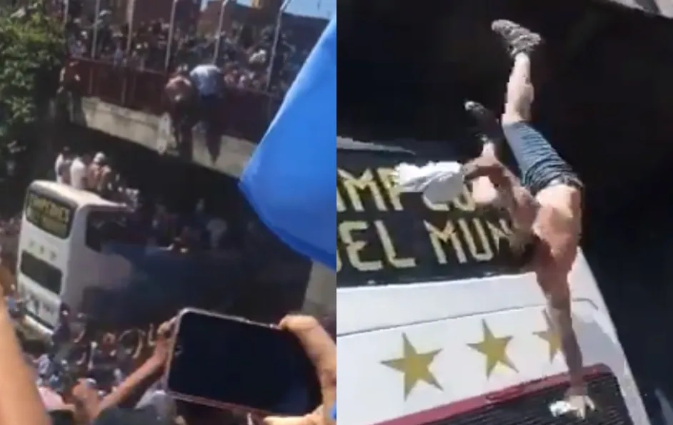 Aficionado cae de puente al intentar saltar a camión de la Selección de Argentina #VIDEO
