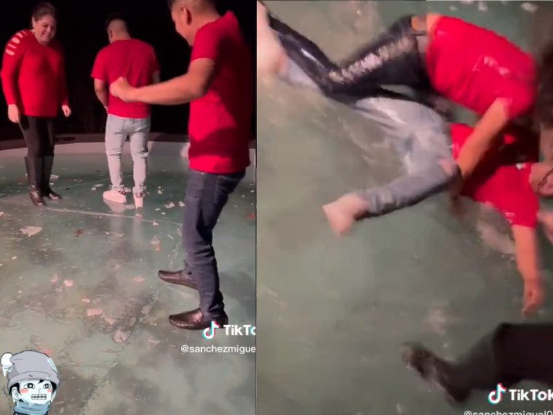 Bailan en alberca congelada y el hielo se rompe