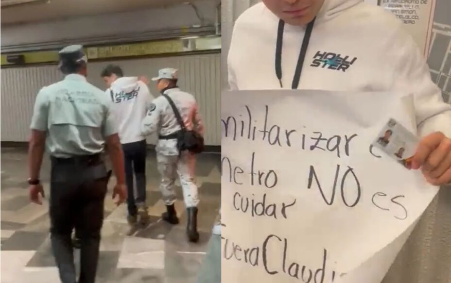 Elementos de la GN detienen a un manifestante en el Metro Tlatelolco