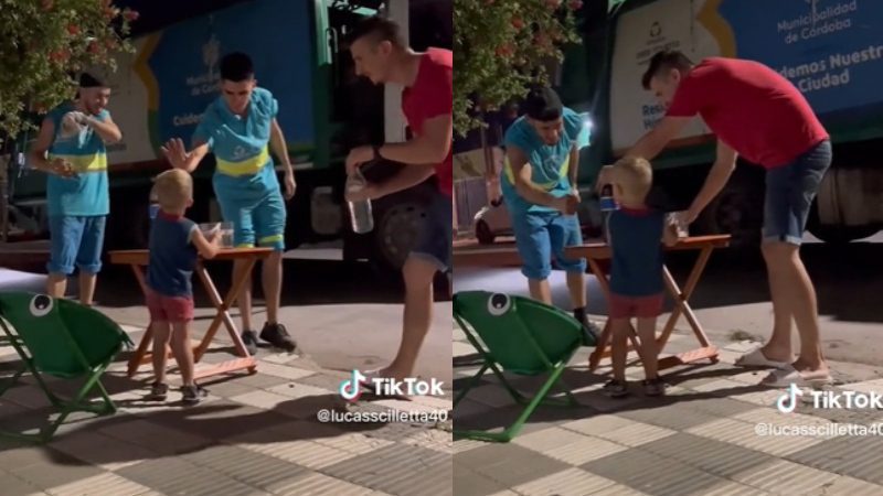 Niño sorprende a recolectores de basura con bebidas frías para el calor