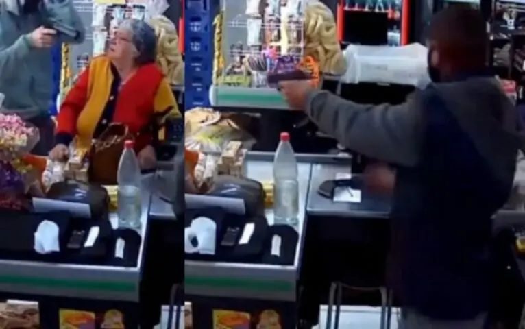 Toma a abuelita de rehén al robar un tienda, pero cajero lo balacea