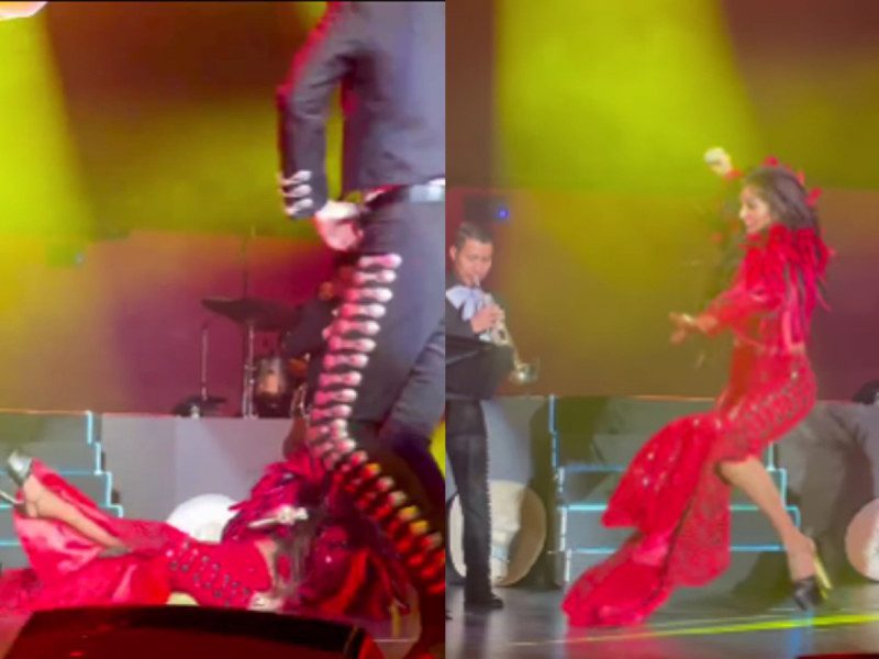 Da mal paso Ana Bárbara y cae, pero sigue cantando ante la admiración de sus fans