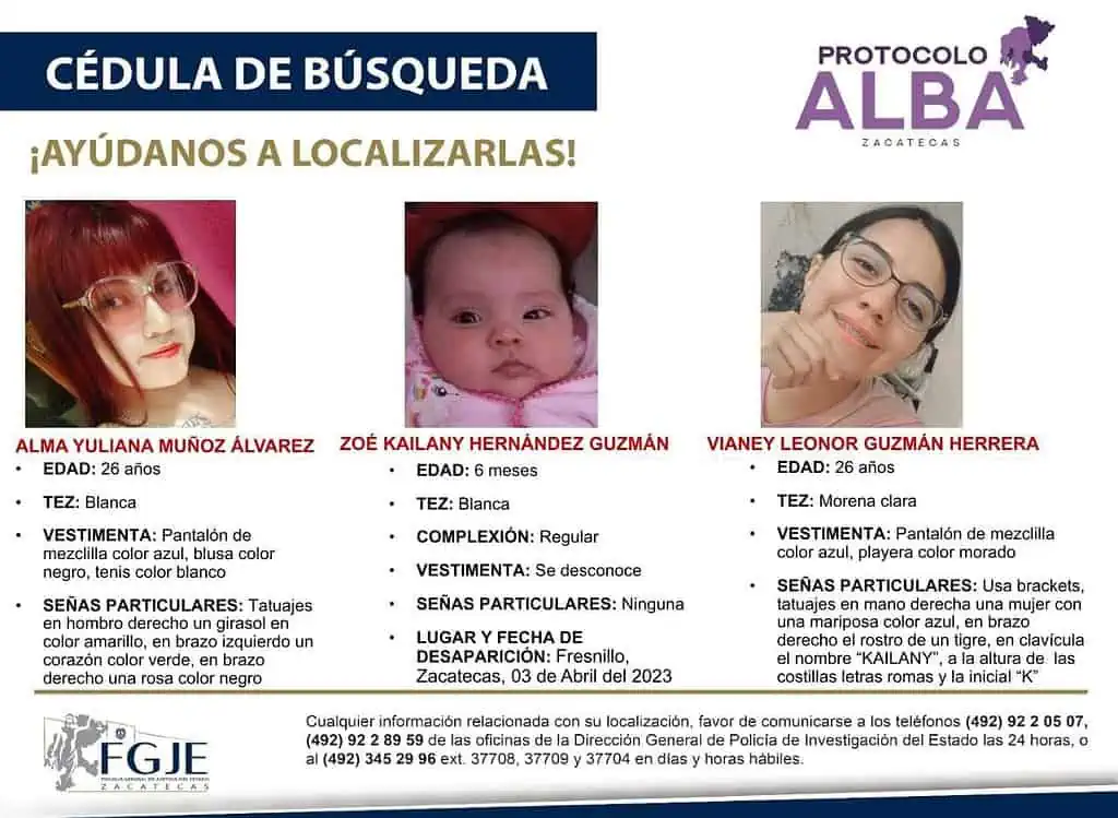 Una Bebé y esposa de un militar son secuestrados en Zacatecas junto con otra mujer cuando circulaban a bordo de un automóvil por Fresnillo.