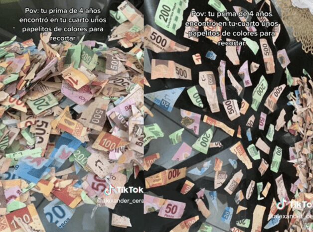 Niña recorta miles de pesos por confundir billetes con papelitos de colores