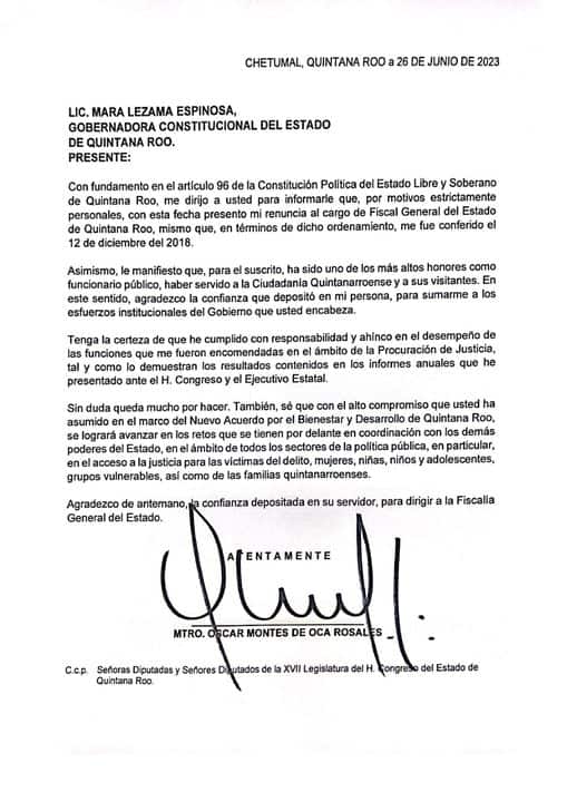 Renuncia Fiscal General de Quintana Roo Óscar Montes de Oca