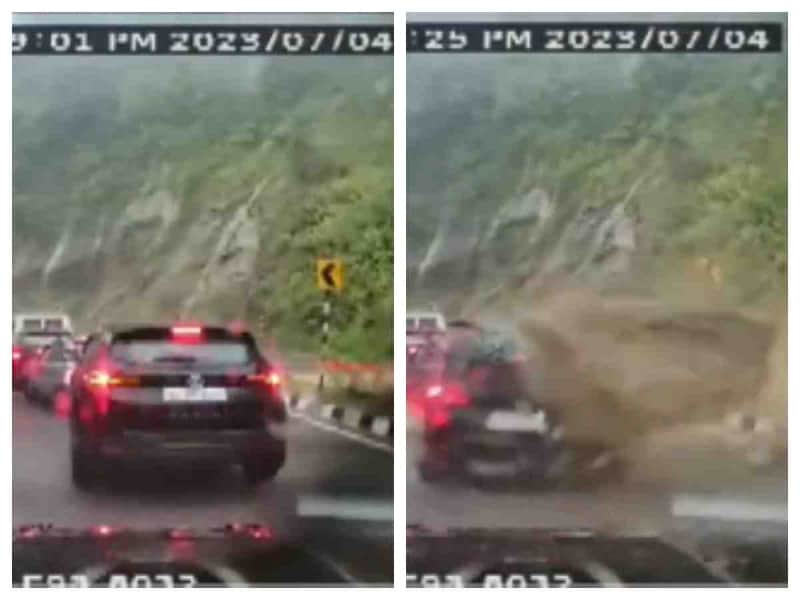 Vídeo: Captan como una enorme roca aplasta auto en plena carretera