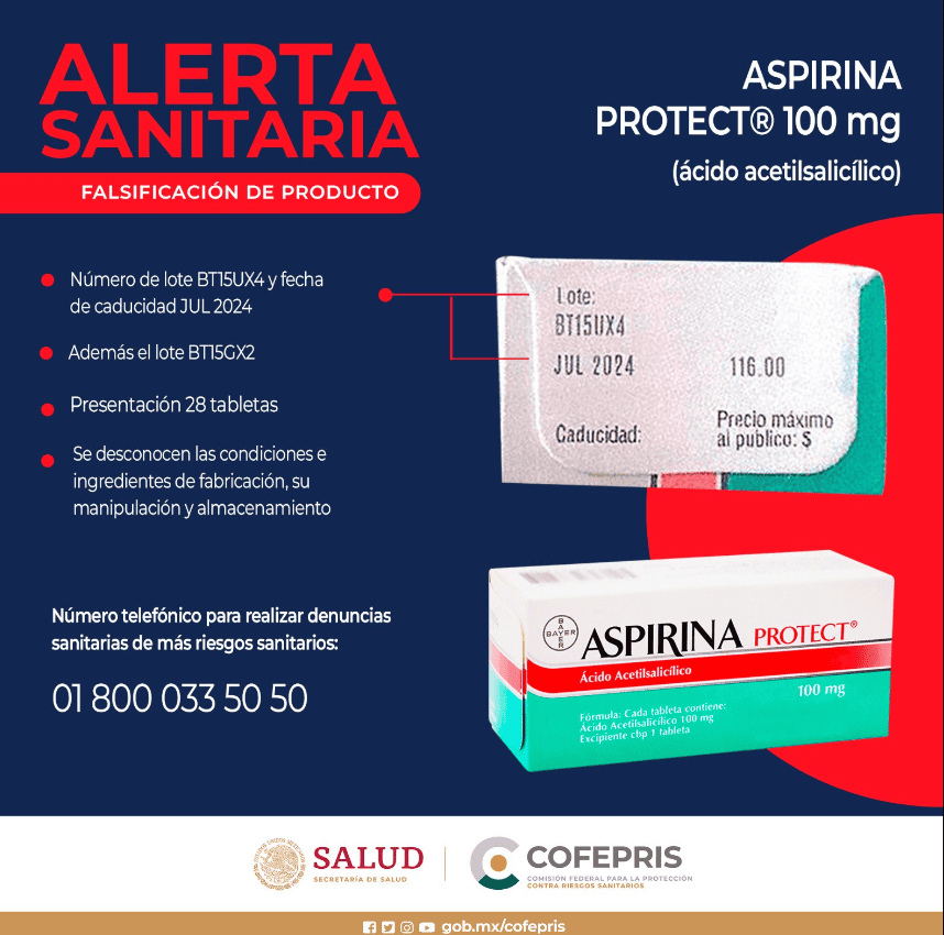 Alerta por falsificación de Aspirina Protect de 100 mg; Cofepris