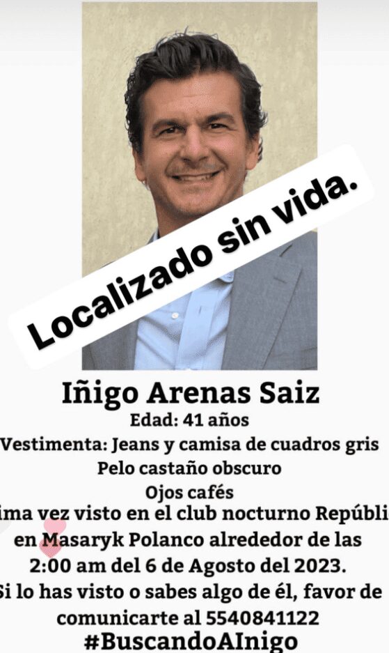 Se encontró cuerpo que presenta similitudes con las características del empresario Iñigo Arenas