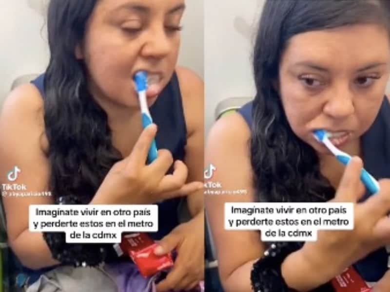 Mujer se lava los dientes en el Metro CDMX y crea polémica al aparentemente tragarse la pasta