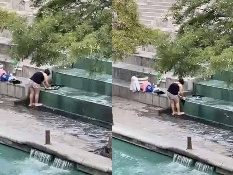 ¡Bien a gusto! En Monterrey graban a mujer lavando su ropa sucia en el Paseo de Santa Lucía