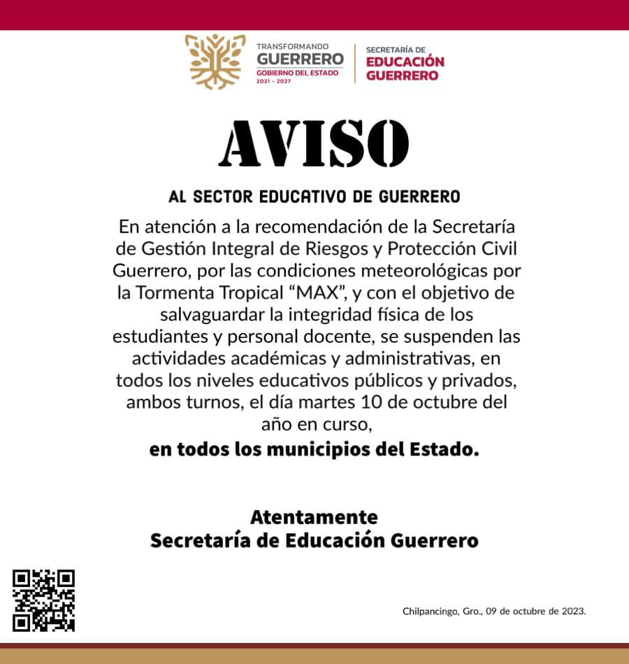 En Guerrero suspenden clases en todos los niveles educativos por tormenta tropical Max