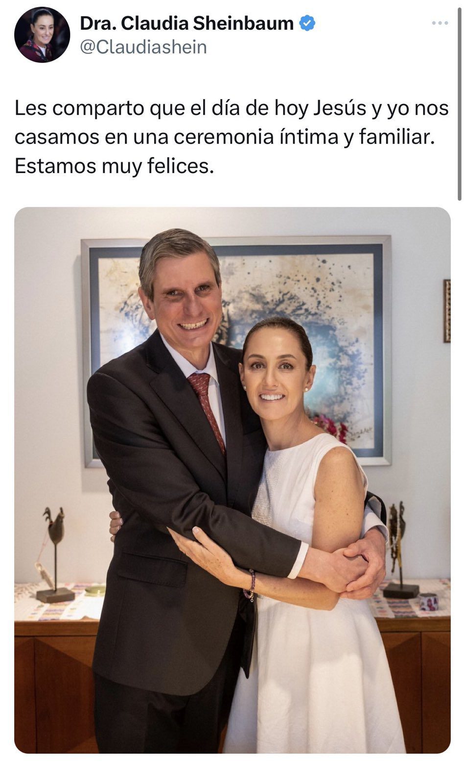 Claudia Sheinbaum contrae matrimonio con Jesús María Tarriba: ‘Estamos muy felices’