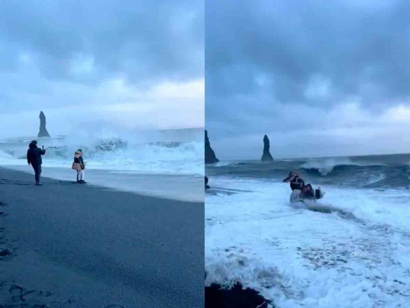Turistas casi son arrastrados por el mar en la playa más peligrosa de Islandia