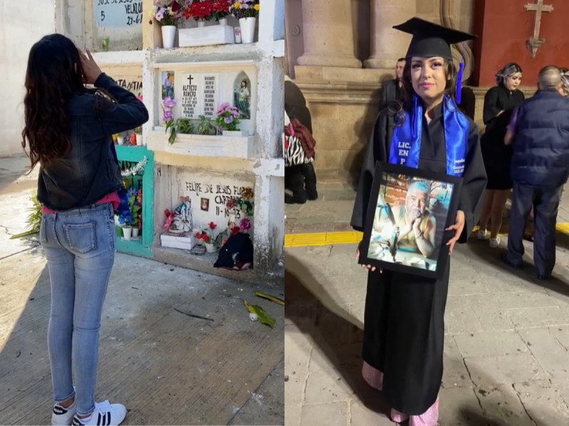 Una joven visita el cementerio para compartir con su abuelito la noticia de su graduación