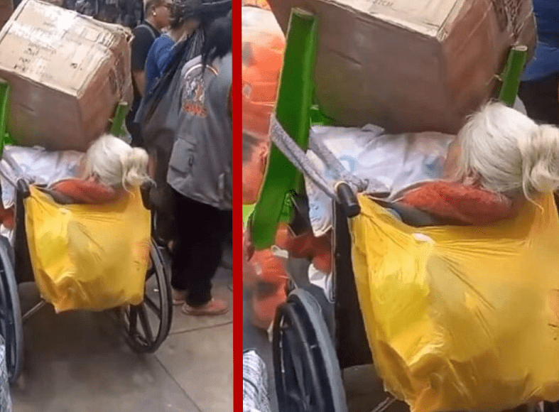 Utilizan a abuelita para cargar compras en su silla de ruedas