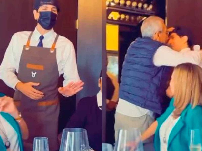 Hijo sorprende a sus padres vestido de mesero