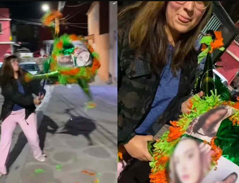 Mujeres celebran posada con piñata con fotos de sus exnovios