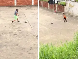 “Maradoña”, abuelita juega futbol con su nieto