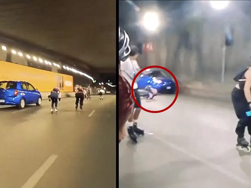 Patinadora a punto de provocar un accidente al caer frente a un automóvil