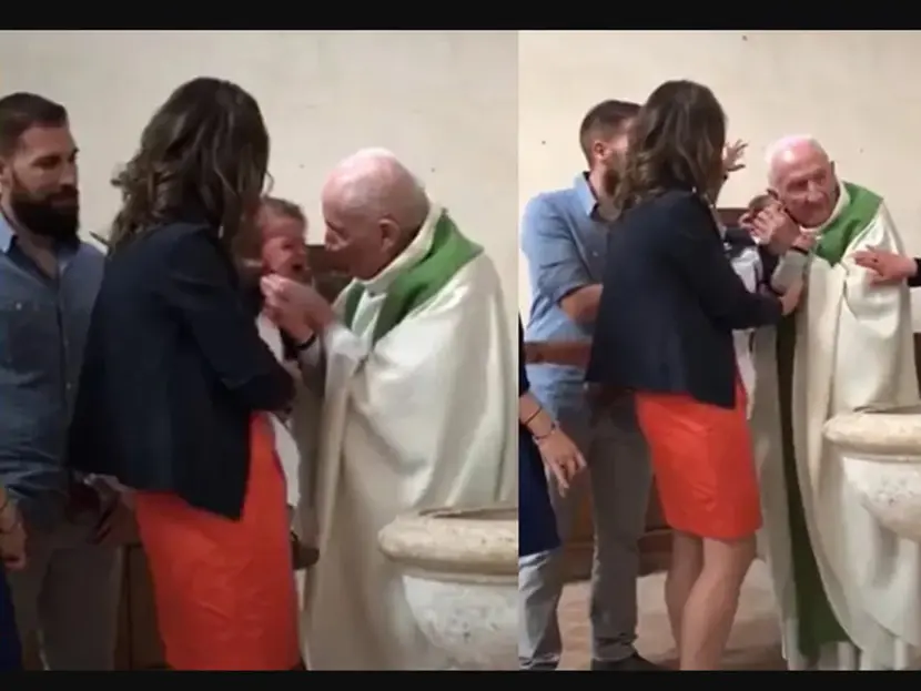 Sacerdote da fuerte cachetada a bebé