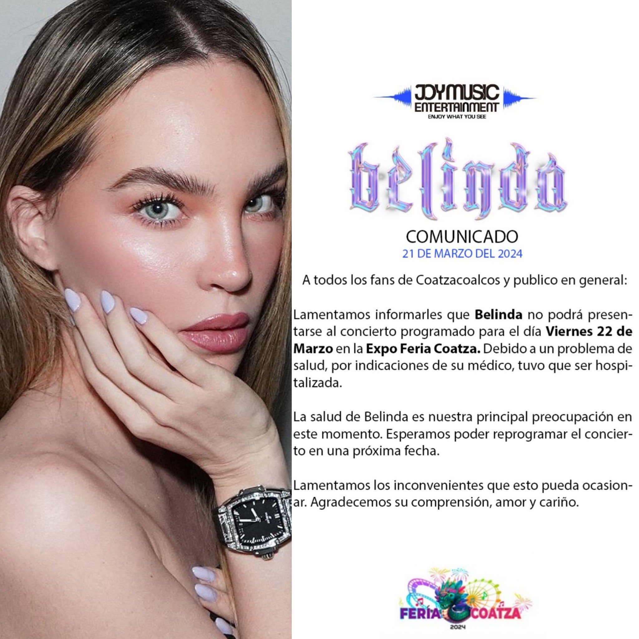 Belinda cancela concierto, está hospitalizada