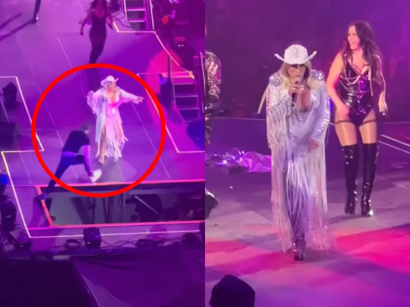 La Tesorito a punto de caer del escenario 