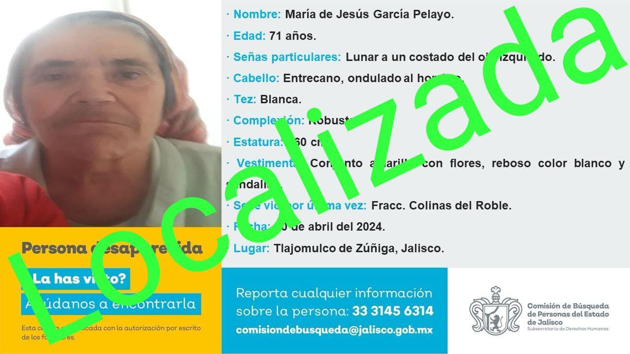Localiza Comisión de Búsqueda de Personas a mujer de 71 años