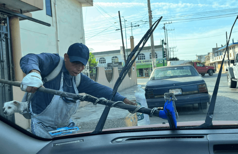 Joven limpia parabrisas acompañado de su perrito  