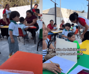 Niño reacciona tiernamente al encontrar a su mamá en su escuela