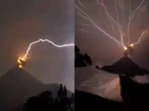En Guatemala, captan rayos impactando volcán en erupción
