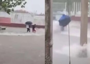 Padre e hijo arriesgan su vida en una corriente tras intensas lluvias en Campeche