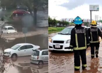 ¡Vocho cruza un bulevar inundado mientras las camionetas se quedan estancadas!