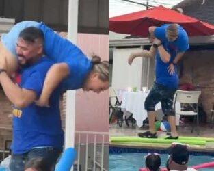 ¡Al agua patos! Hombre intenta aventar a su esposa a la alberca